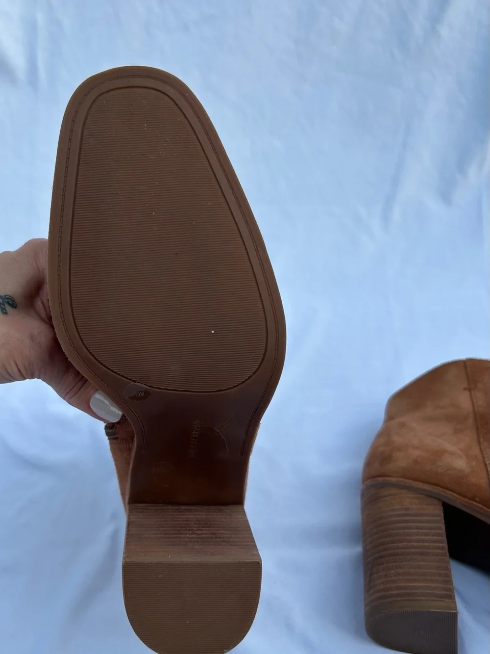 Lucky Brand Tan Suede Ankle Booties with Stacked Heel
